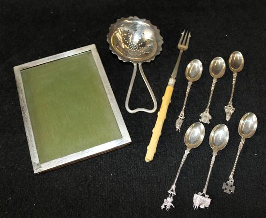 Silver photo frame, 6 winchester spoons, strainer, pickle fork